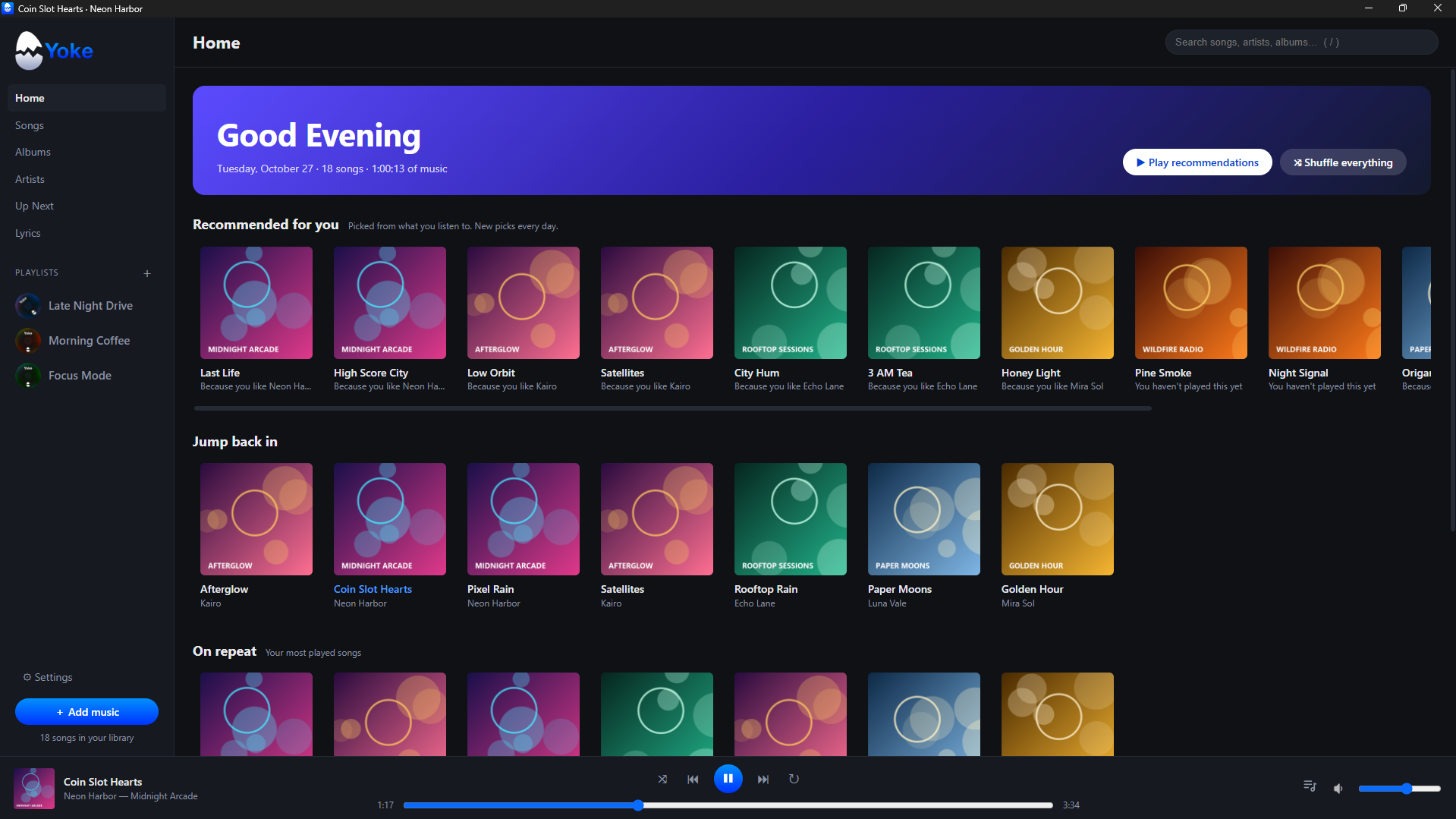 The Yoke app on Windows showing the Home screen: a Good Evening banner, Recommended for you, Jump back in, and the player bar playing Coin Slot Hearts by Neon Harbor.